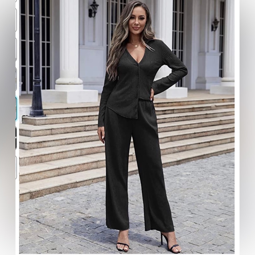V Neck Pleated Collar Wide Leg Jumpsuit